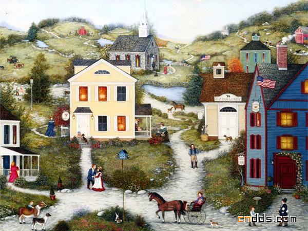 Linda Nelson的民间艺术“祥和的小镇”