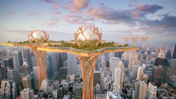 未来纽约城中的莲花型天空之城