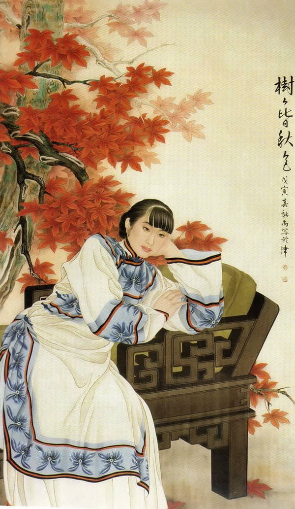 国画名作：《秋叶女儿情》