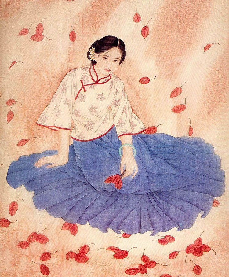 國(guó)畫名作：《秋葉女兒情》