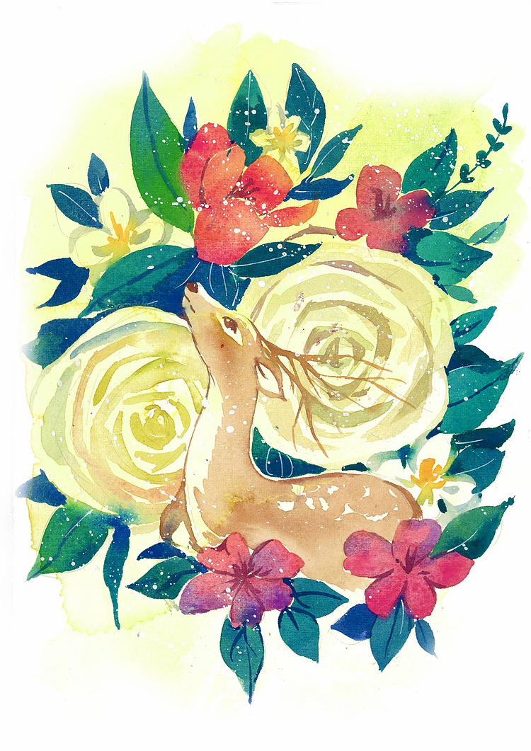 鹿与花—水彩插画欣赏