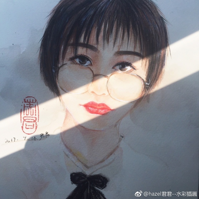 一组短发水彩美少女