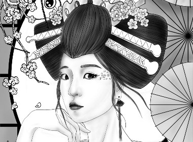 日本艺妓 黑白插画 