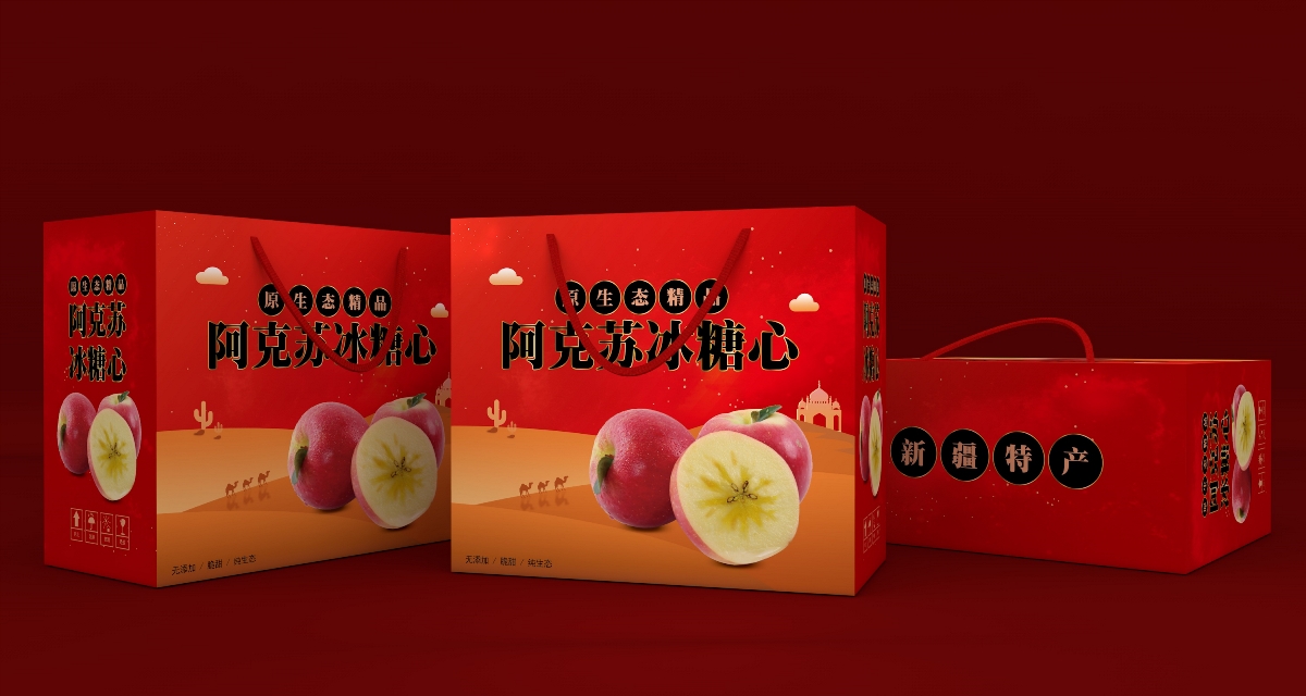 高原红苹果、阿克苏苹果、水果包装、节日喜庆礼盒