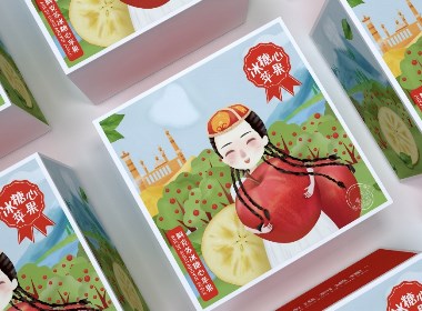 阿克苏冰糖心苹果、苹果水果通用包装盒、插画唯美清新