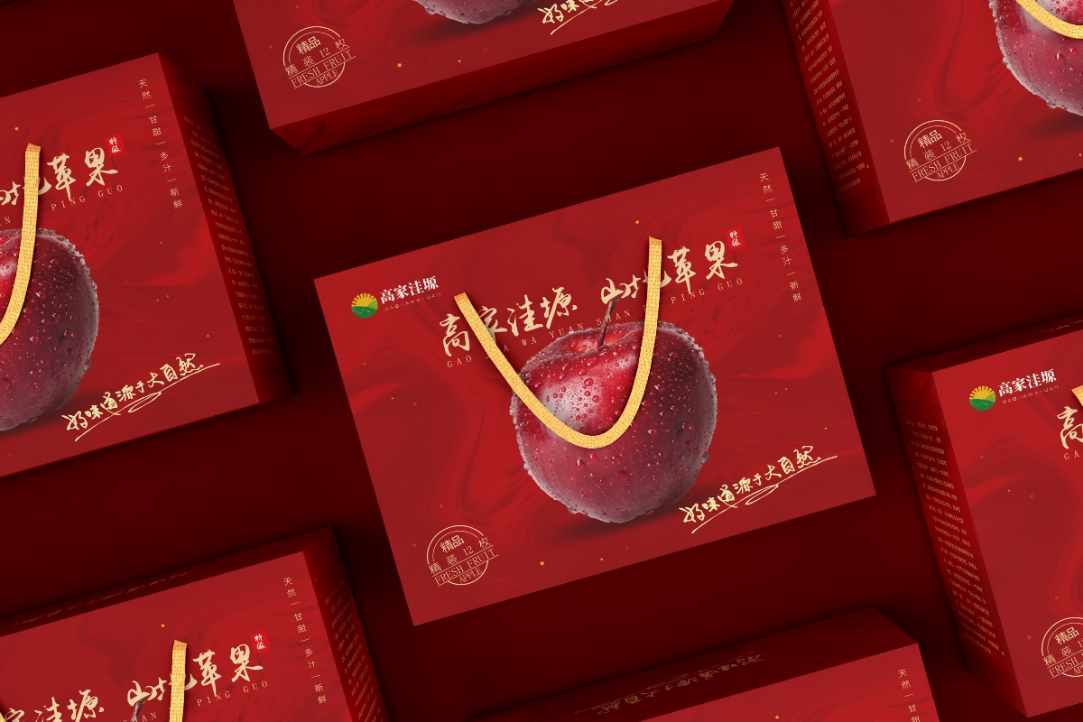 红富士、富士山苹果包装、水果通用包装、红色简约高端