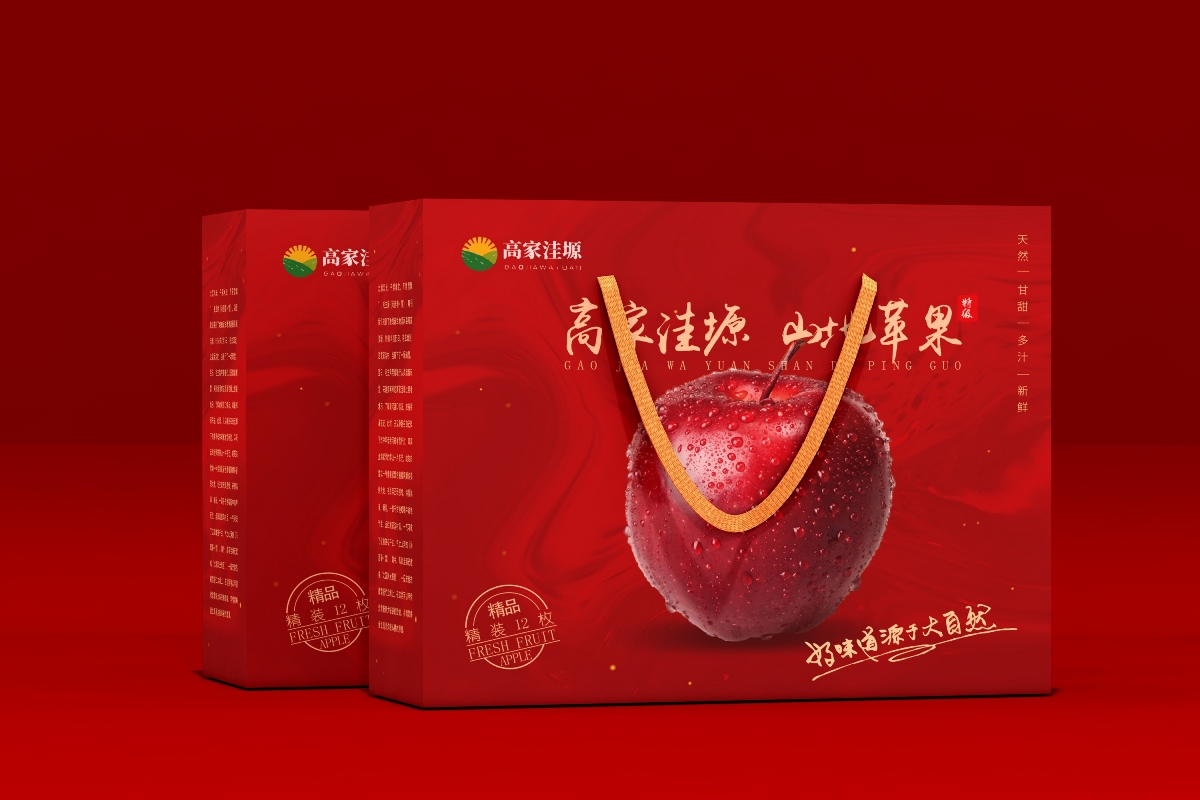 红富士、富士山苹果包装、水果通用包装、红色简约高端