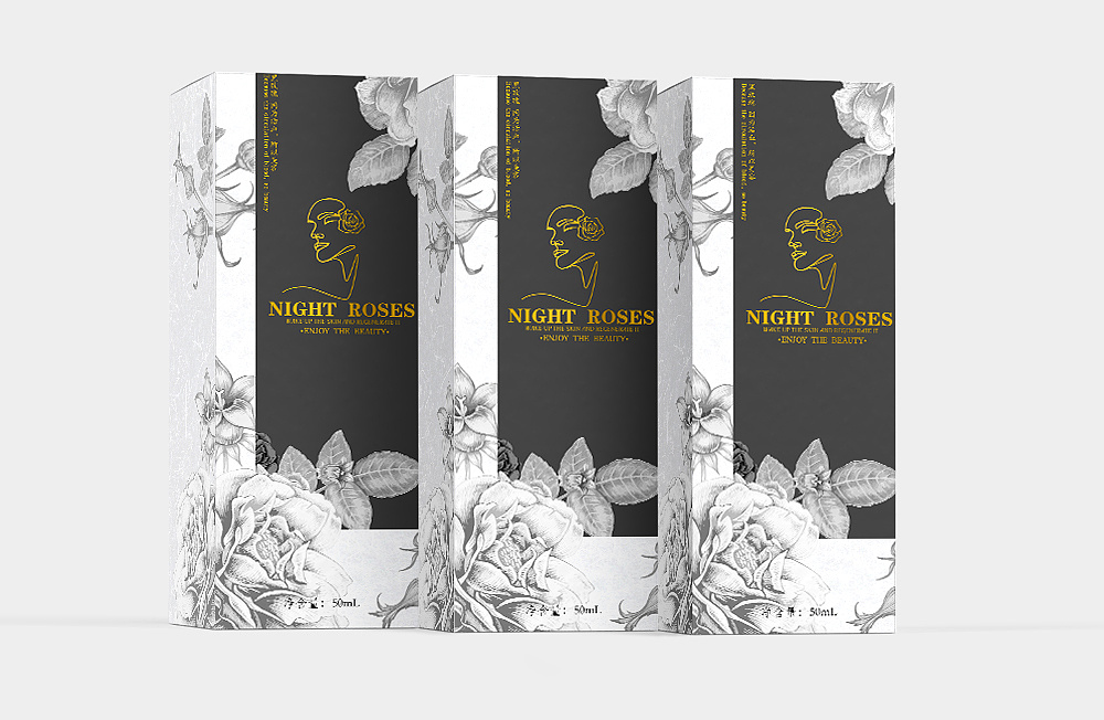 化妆品包装设计：黑玫瑰精华 滋润整日夜-黑森林品牌设计