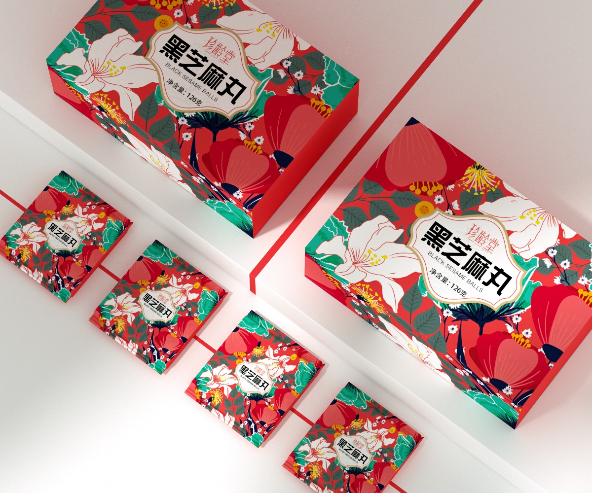 黑芝麻丸食品包装盒、小清新日系插画包装、副食品包装
