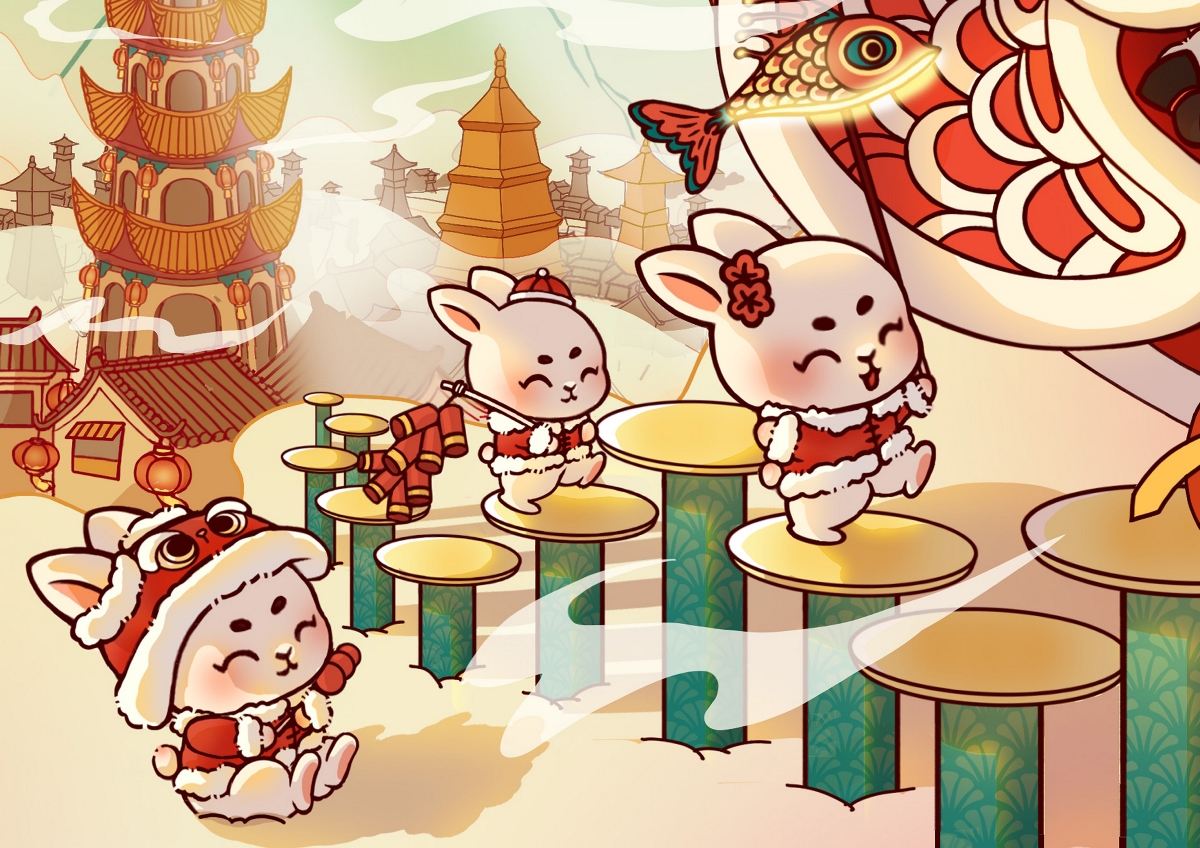 兔年新春·舞狮主题系列插画|文创插画设计