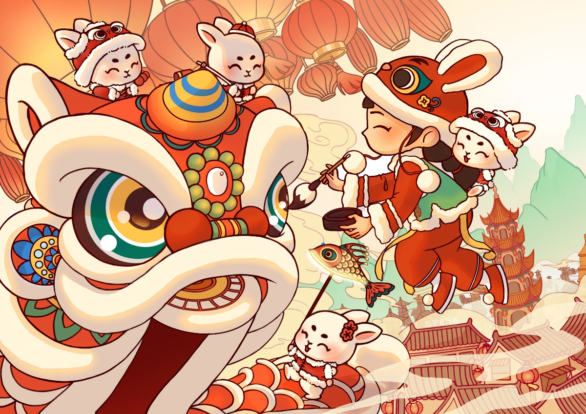兔年新春·舞狮主题系列插画|文创插画设计