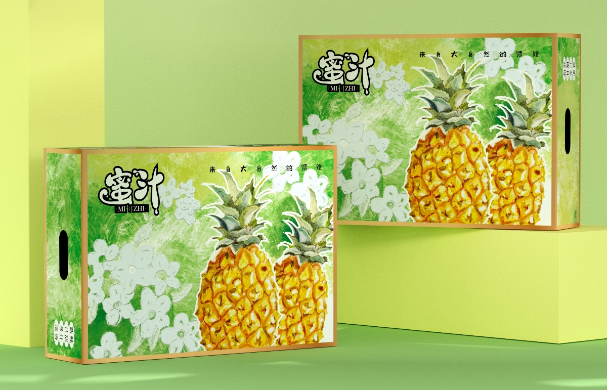 凤梨包装盒、水果通用包装、小清新ins风格、油画风格、菠萝包装